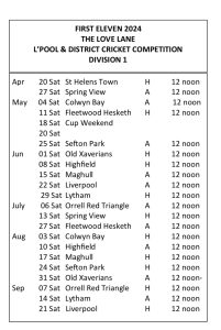 2024 Fixtures for 1st XI